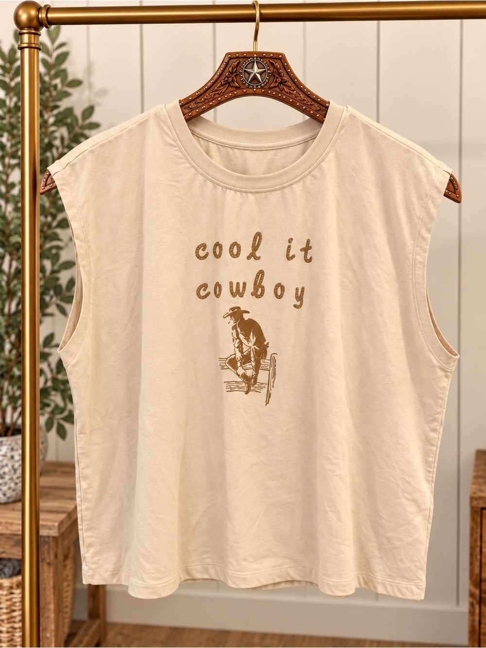 Cool It Cowboy Womens Sleeveless Tee - Cream
